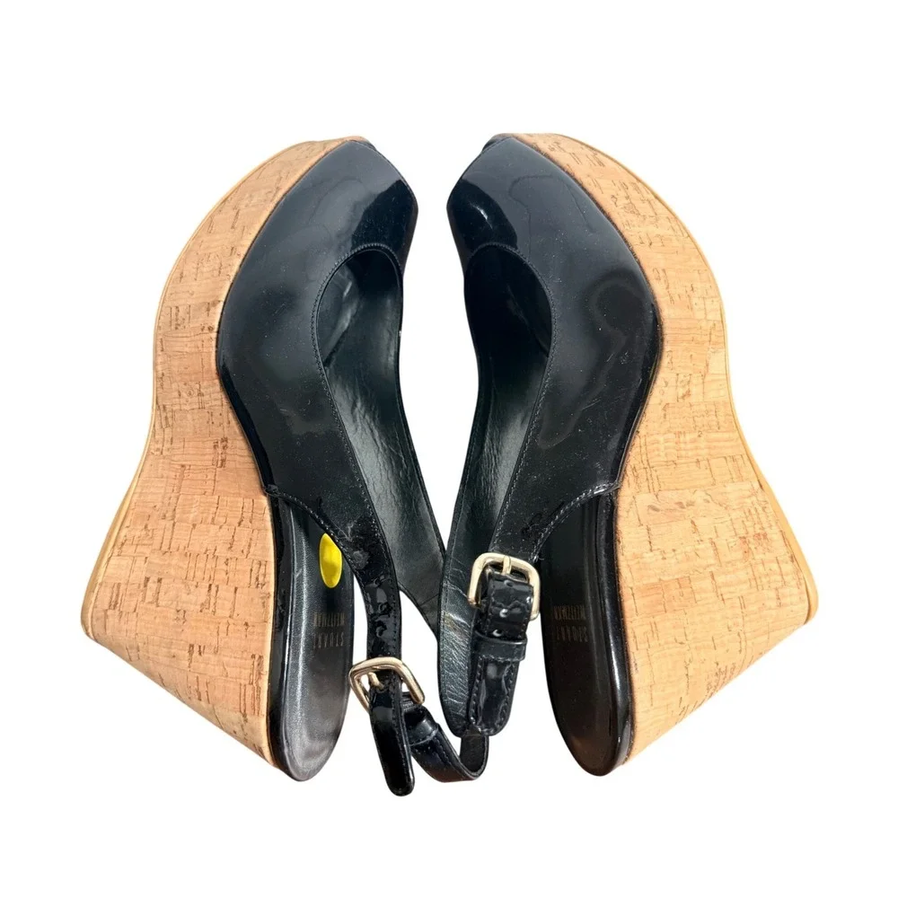 Stuart Weitzman Black Patent Leather Cork Wedge Slingback Peep Toe Sandals 7.5 M - Picture 1 of 6